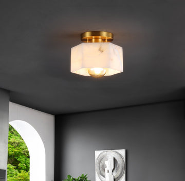 Tessa 8" 1-Light Modern Contemporary Alabaster/Iron Hexagonal LED Semi Flush Mount - JONATHAN Y